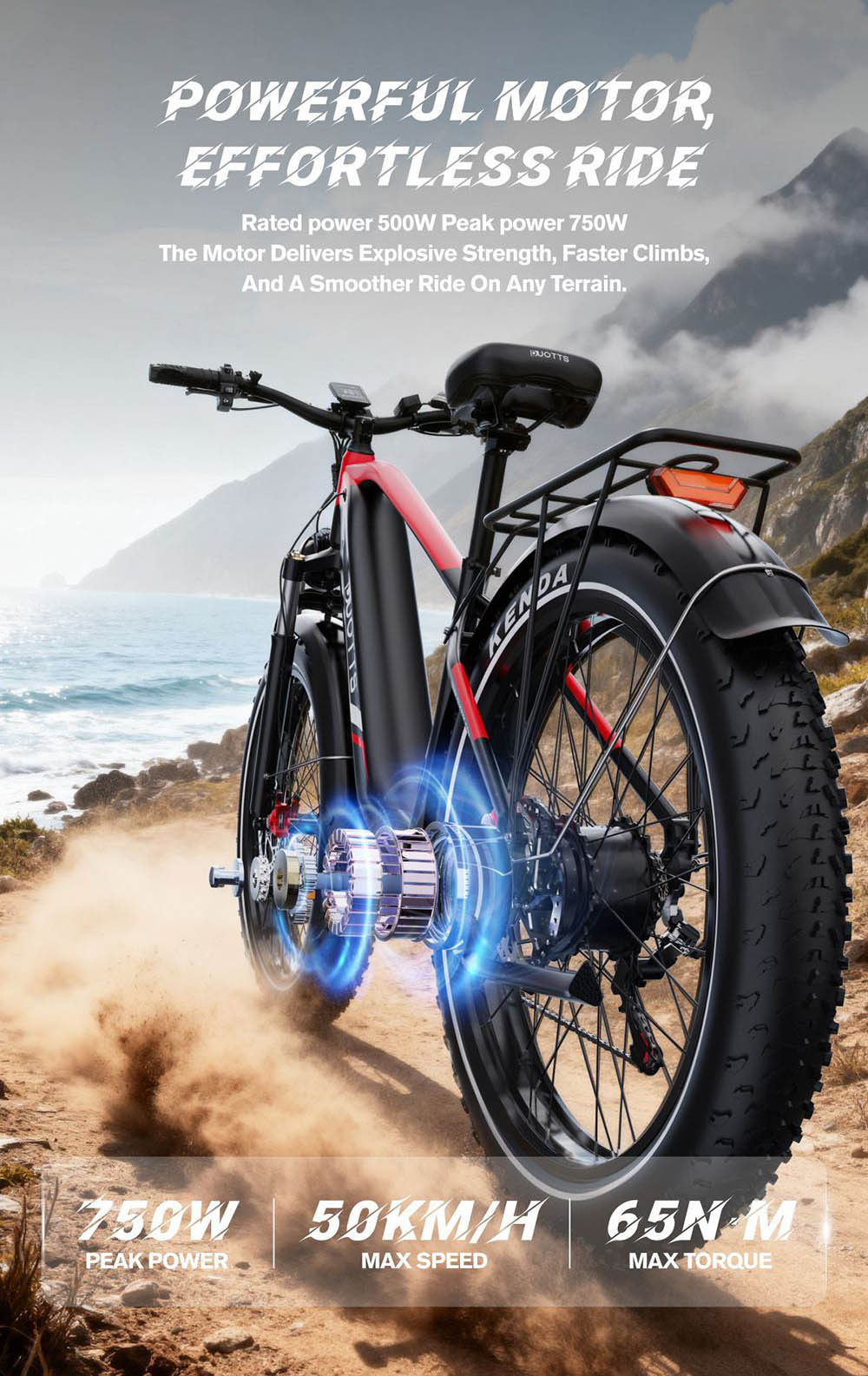 DUOTTS F26 Lite Electric Bike, 500W Motor, 48V 18Ah Battery, 26*4.0 inch Tires, 50km/h Max Speed, 90km Range, Hydraulic Disc Brake, Front Fork Hydraulic Suspension, Shimano 7-speed, APP Control - Black Red