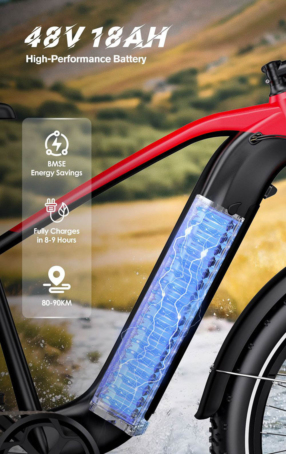 DUOTTS F26 Lite Electric Bike, 500W Motor, 48V 18Ah Battery, 26*4.0 inch Tires, 50km/h Max Speed, 90km Range, Hydraulic Disc Brake, Front Fork Hydraulic Suspension, Shimano 7-speed, APP Control - Black Red