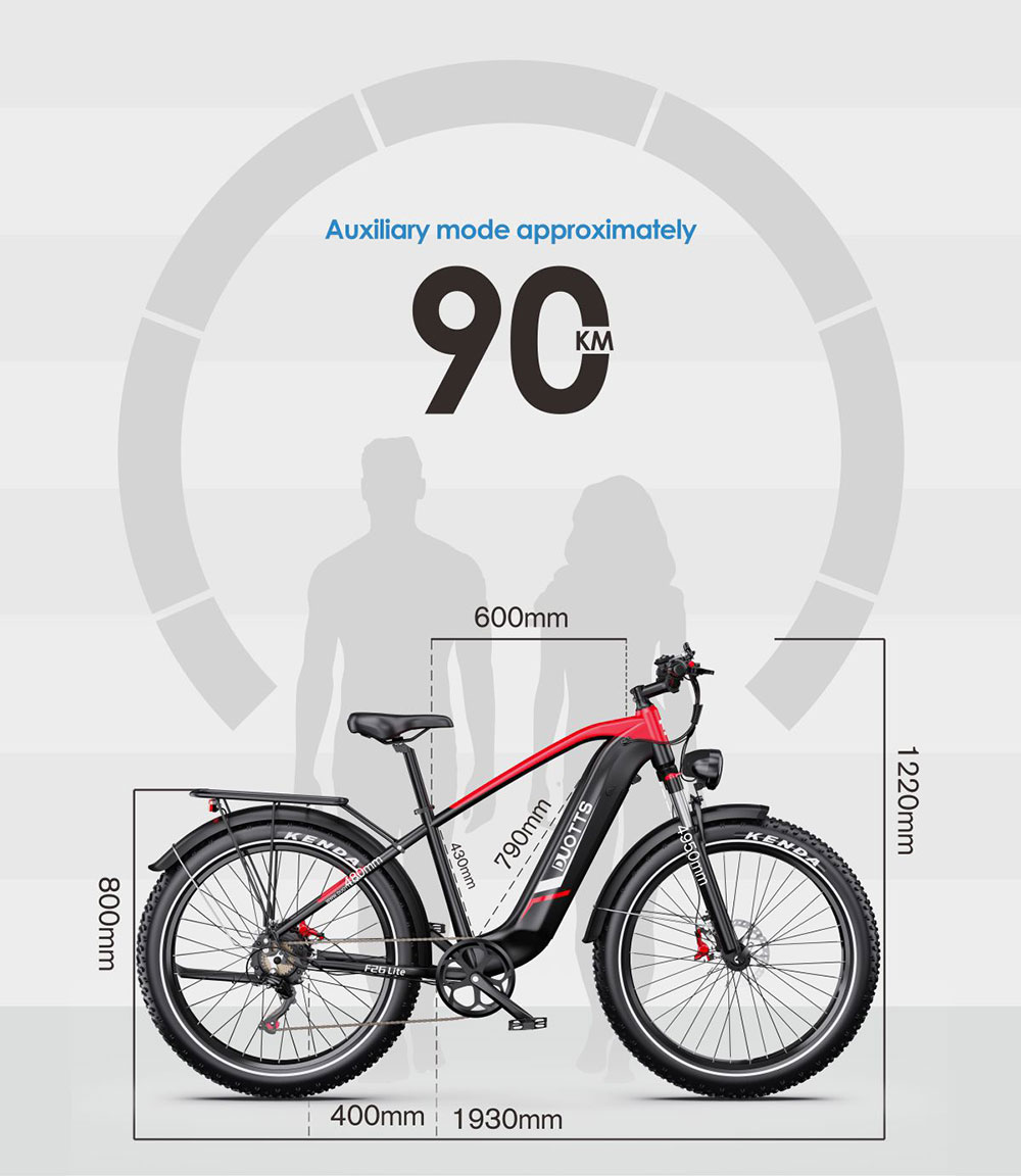 DUOTTS F26 Lite Electric Bike, 500W Motor, 48V 18Ah Battery, 26*4.0 inch Tires, 50km/h Max Speed, 90km Range, Hydraulic Disc Brake, Front Fork Hydraulic Suspension, Shimano 7-speed, APP Control - Black Red