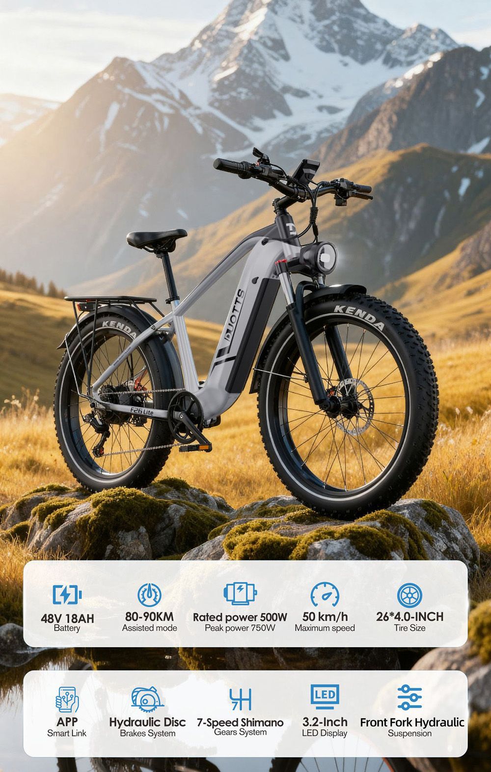 DUOTTS F26 Lite Electric Bike, 500W Motor, 48V 18Ah Battery, 26*4.0 inch Tires, 50km/h Max Speed, 90km Range, Hydraulic Disc Brake, Front Fork Hydraulic Suspension, Shimano 7-speed, APP Control - Silver White