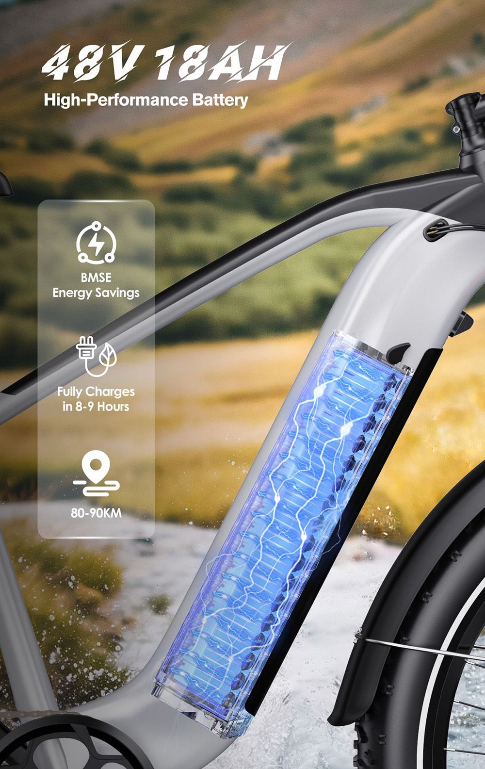 DUOTTS F26 Lite Electric Bike, 500W Motor, 48V 18Ah Battery, 26*4.0 inch Tires, 50km/h Max Speed, 90km Range, Hydraulic Disc Brake, Front Fork Hydraulic Suspension, Shimano 7-speed, APP Control - Silver White