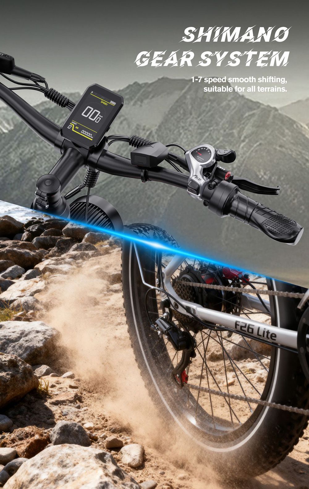 DUOTTS F26 Lite Electric Bike, 500W Motor, 48V 18Ah Battery, 26*4.0 inch Tires, 50km/h Max Speed, 90km Range, Hydraulic Disc Brake, Front Fork Hydraulic Suspension, Shimano 7-speed, APP Control - Silver White