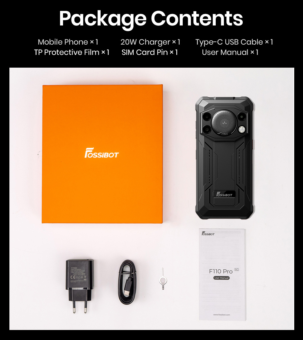 FOSSiBOT F110 Pro 5G Rugged Smartphone, 20GB RAM + 128GB ROM, 6.745-inch HD+ Display, 10000mAh Battery, 50MP AI Camera, NFC & Fingerprint & Face Unlock - Orange