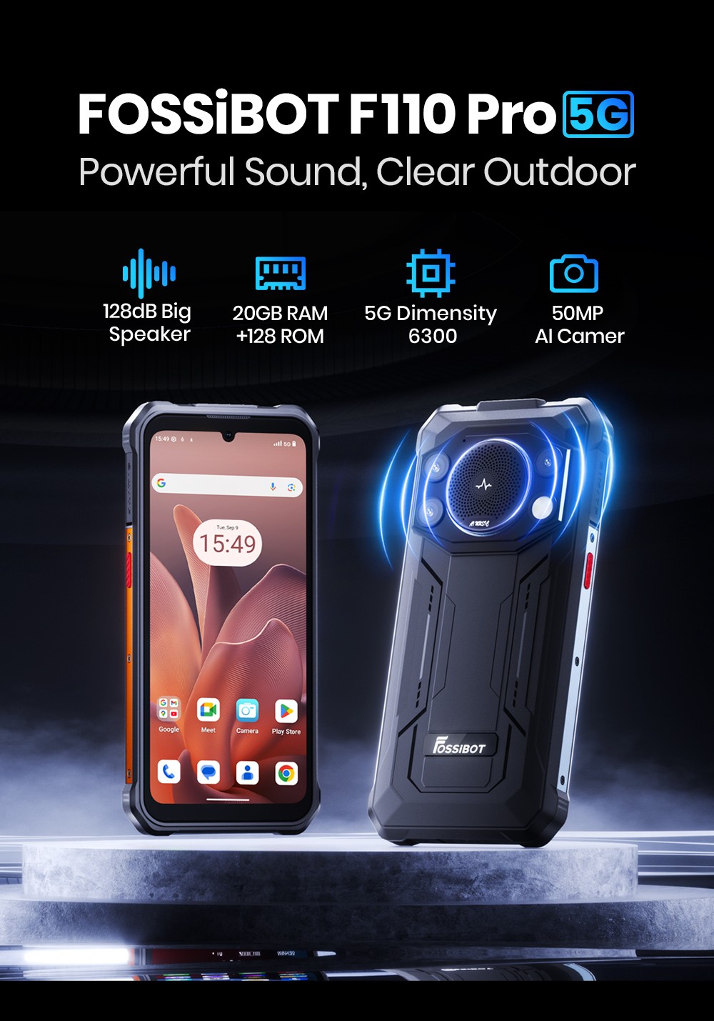 FOSSiBOT F110 Pro 5G Rugged Smartphone, 20GB RAM + 128GB ROM, 6.745-inch HD+ Display, 10000mAh Battery, 50MP AI Camera, NFC & Fingerprint & Face Unlock - Black