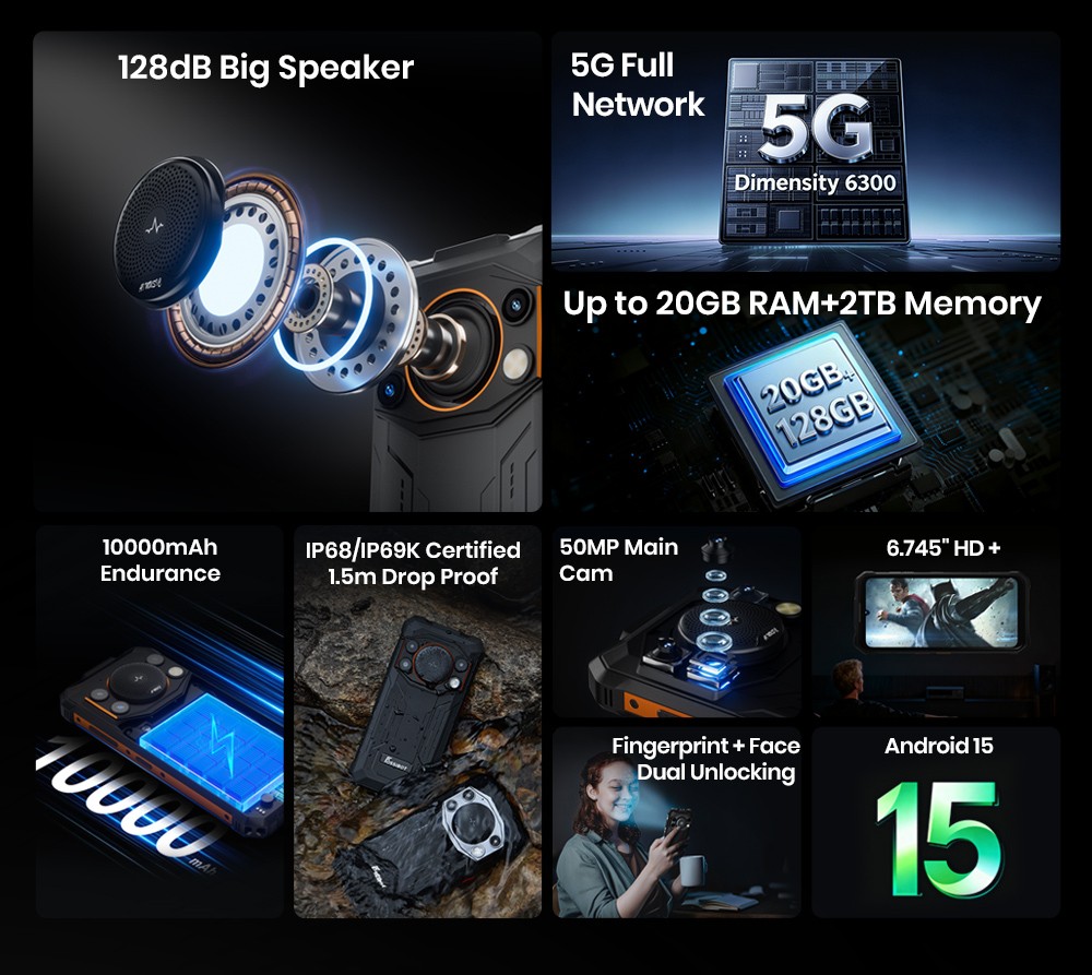 FOSSiBOT F110 Pro 5G Rugged Smartphone, 20GB RAM + 128GB ROM, 6.745-inch HD+ Display, 10000mAh Battery, 50MP AI Camera, NFC & Fingerprint & Face Unlock - Black
