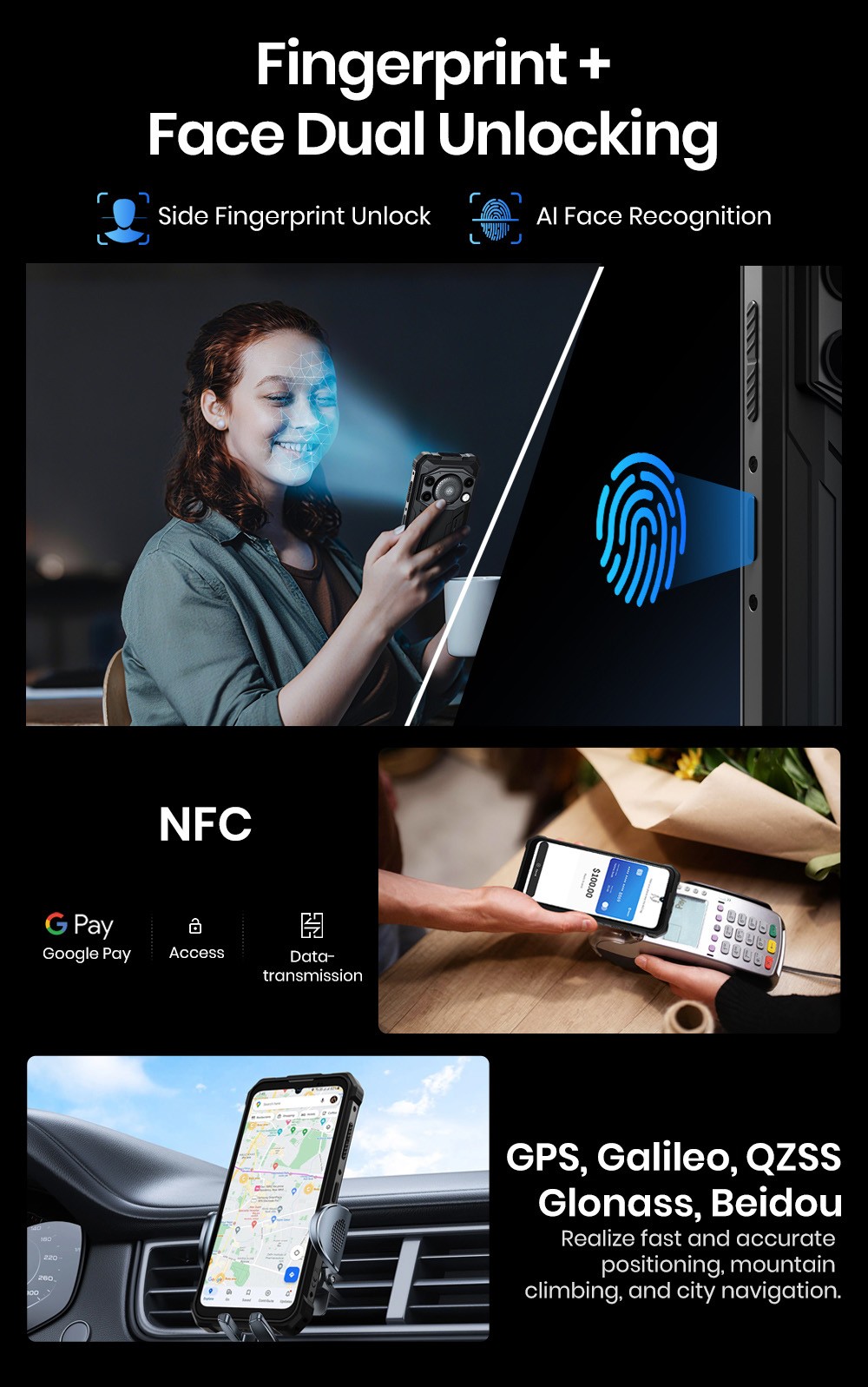 FOSSiBOT F110 Pro 5G Rugged Smartphone, 20GB RAM + 128GB ROM, 6.745-inch HD+ Display, 10000mAh Battery, 50MP AI Camera, NFC & Fingerprint & Face Unlock - Black