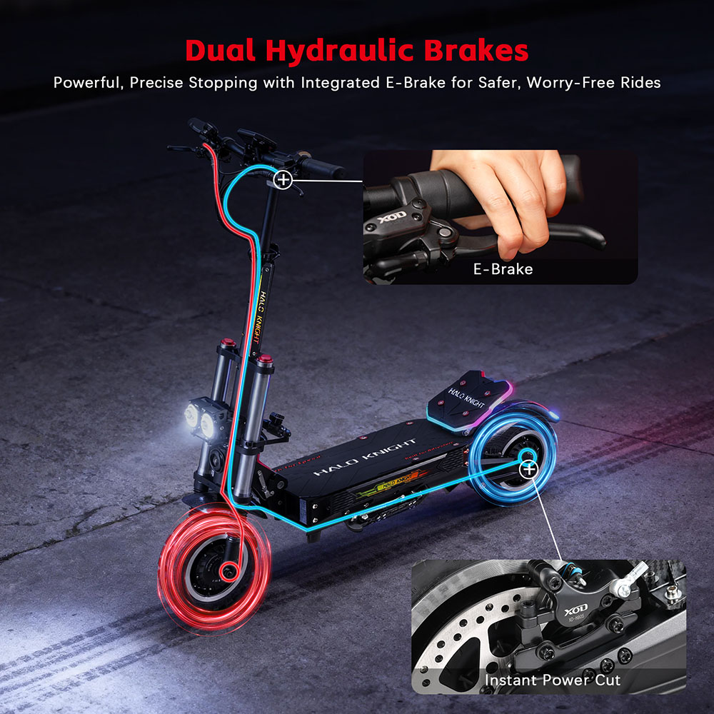 Trottinette électrique Halo Knight T107 Pro (version 2025), moteur 3000 W x 2, batterie 60 V 38,4 Ah, pneus 11 pouces, vitesse maximale 95 km/h, autonomie 80 km, doubles freins hydrauliques, suspension avant hydraulique et suspension arrière à ressorts
