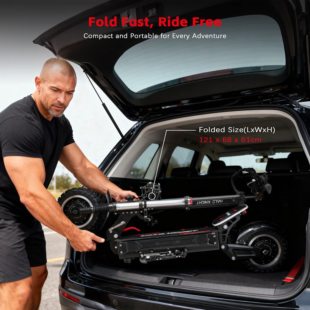 Trottinette électrique Halo Knight T107 Pro (version 2025), moteur 3000 W x 2, batterie 60 V 38,4 Ah, pneus 11 pouces, vitesse maximale 95 km/h, autonomie 80 km, doubles freins hydrauliques, suspension avant hydraulique et suspension arrière à ressorts