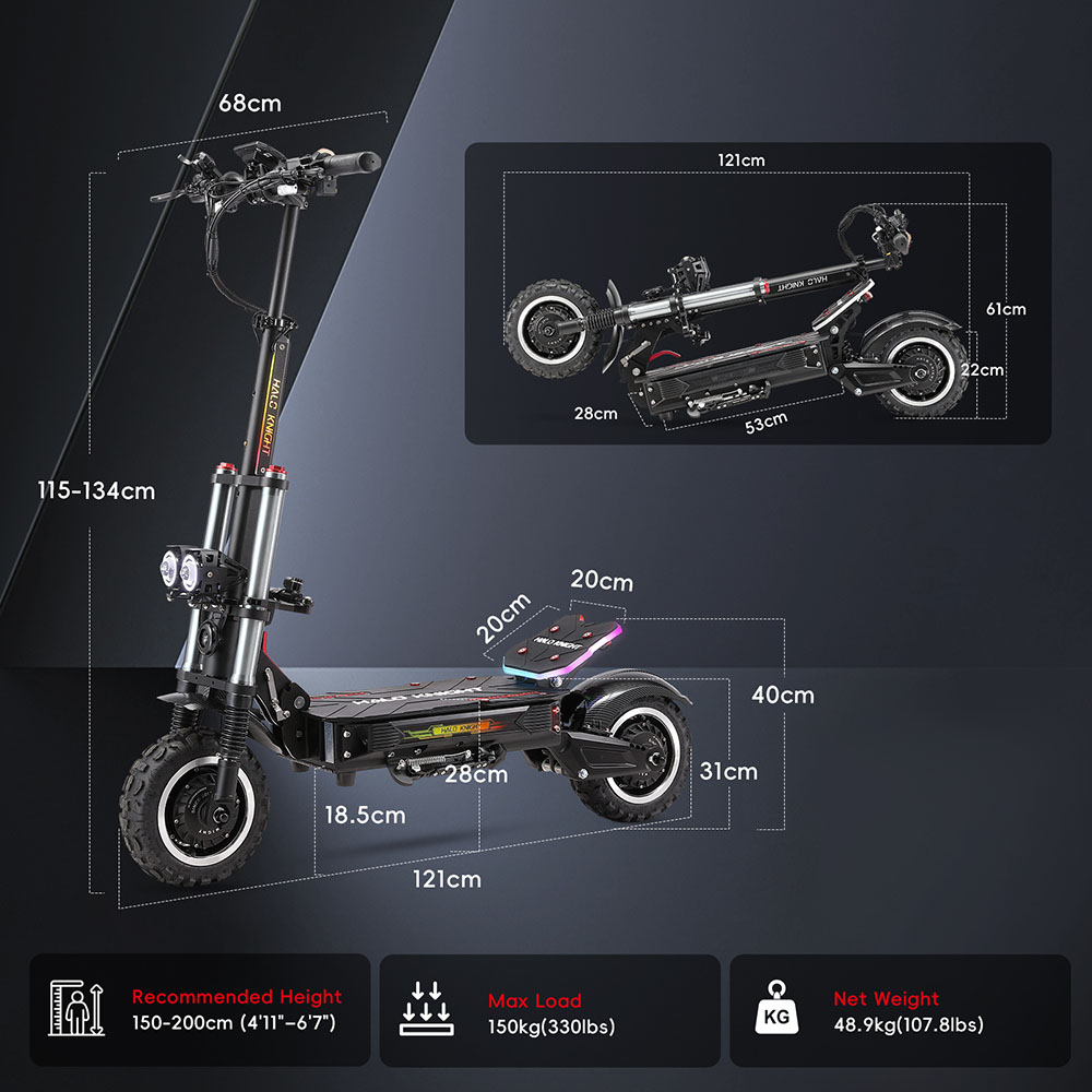 Trottinette électrique Halo Knight T107 Pro (version 2025), moteur 3000 W x 2, batterie 60 V 38,4 Ah, pneus 11 pouces, vitesse maximale 95 km/h, autonomie 80 km, doubles freins hydrauliques, suspension avant hydraulique et suspension arrière à ressorts