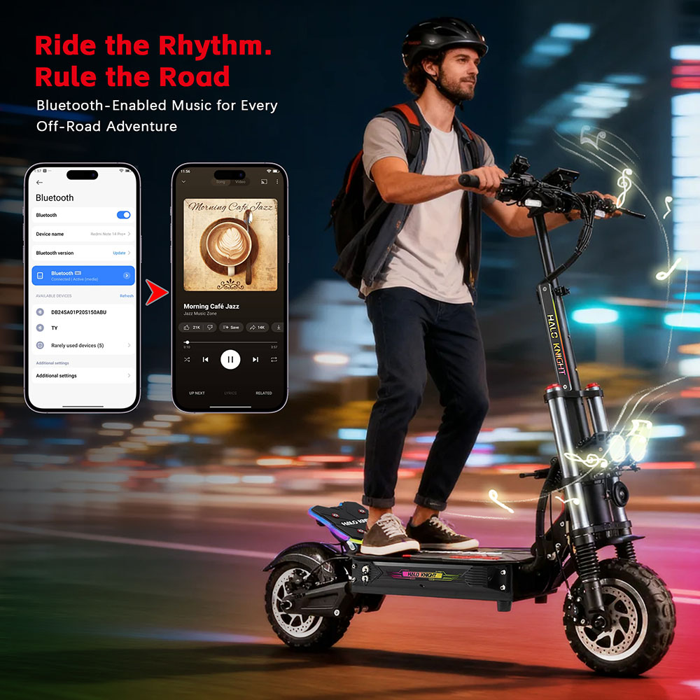 Trottinette électrique Halo Knight T107 Pro (version 2025), moteur 3000 W x 2, batterie 60 V 38,4 Ah, pneus 11 pouces, vitesse maximale 95 km/h, autonomie 80 km, doubles freins hydrauliques, suspension avant hydraulique et suspension arrière à ressorts