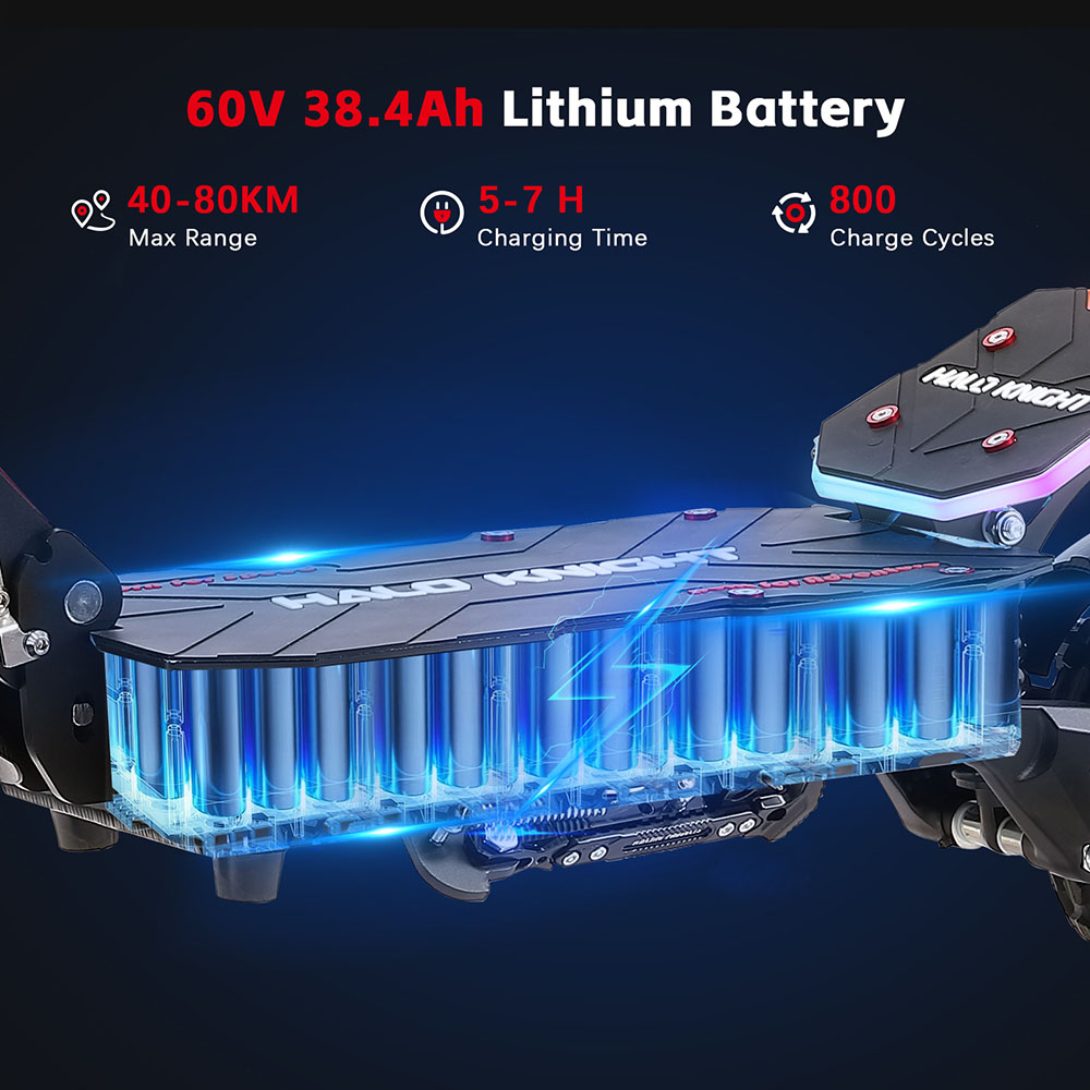 Trottinette électrique Halo Knight T107 Pro (version 2025), moteur 3000 W x 2, batterie 60 V 38,4 Ah, pneus 11 pouces, vitesse maximale 95 km/h, autonomie 80 km, doubles freins hydrauliques, suspension avant hydraulique et suspension arrière à ressorts