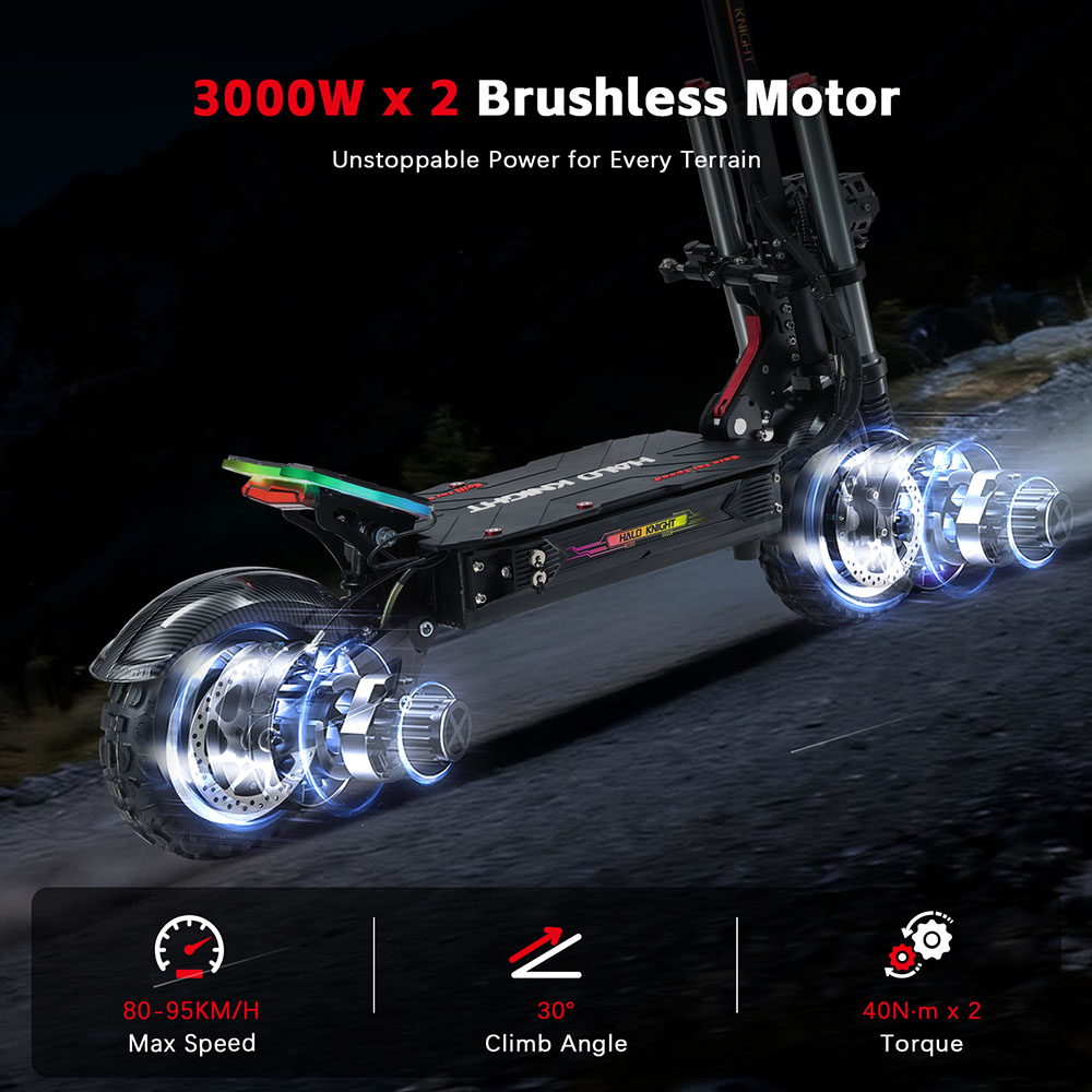 Trottinette électrique Halo Knight T107 Pro (version 2025), moteur 3000 W x 2, batterie 60 V 38,4 Ah, pneus 11 pouces, vitesse maximale 95 km/h, autonomie 80 km, doubles freins hydrauliques, suspension avant hydraulique et suspension arrière à ressorts