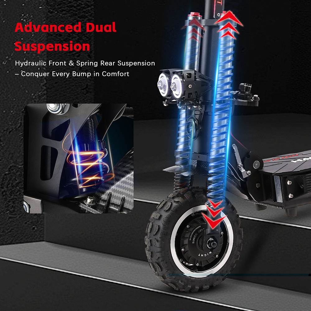 Trottinette électrique Halo Knight T107 Pro (version 2025), moteur 3000 W x 2, batterie 60 V 38,4 Ah, pneus 11 pouces, vitesse maximale 95 km/h, autonomie 80 km, doubles freins hydrauliques, suspension avant hydraulique et suspension arrière à ressorts