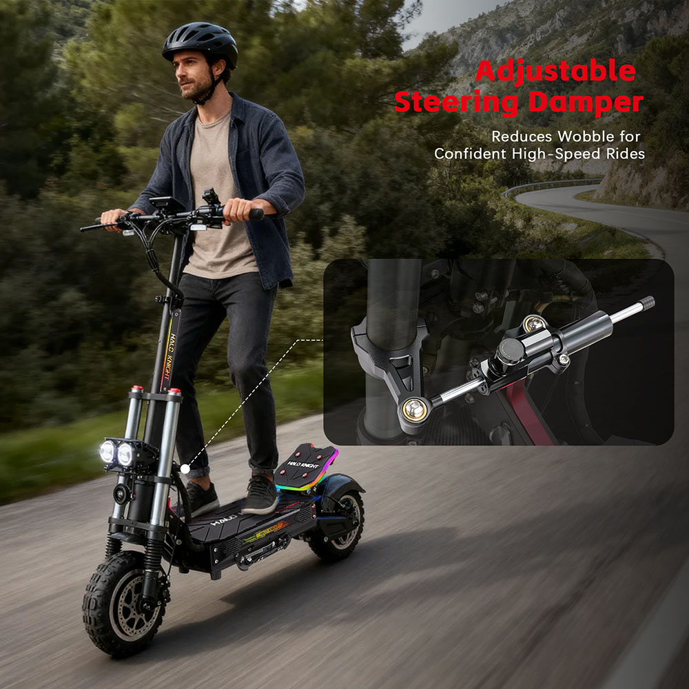 Trottinette électrique Halo Knight T107 Pro (version 2025), moteur 3000 W x 2, batterie 60 V 38,4 Ah, pneus 11 pouces, vitesse maximale 95 km/h, autonomie 80 km, doubles freins hydrauliques, suspension avant hydraulique et suspension arrière à ressorts
