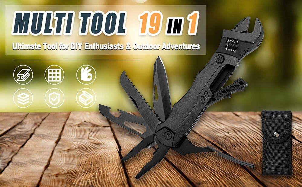 Hanboost M2 19 In 1 Multitool Wrench, Multipurpose Camping Gear, Pocket Size EDC Gadget, Adjustable Wrench with Pliers, Wire Cutter, Cutting Saw, Bottle Opener for Maintenance, Camping and DIY, Gift