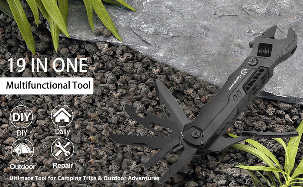 Hanboost M2 19 In 1 Multitool Wrench, Multipurpose Camping Gear, Pocket Size EDC Gadget, Adjustable Wrench with Pliers, Wire Cutter, Cutting Saw, Bottle Opener for Maintenance, Camping and DIY, Gift