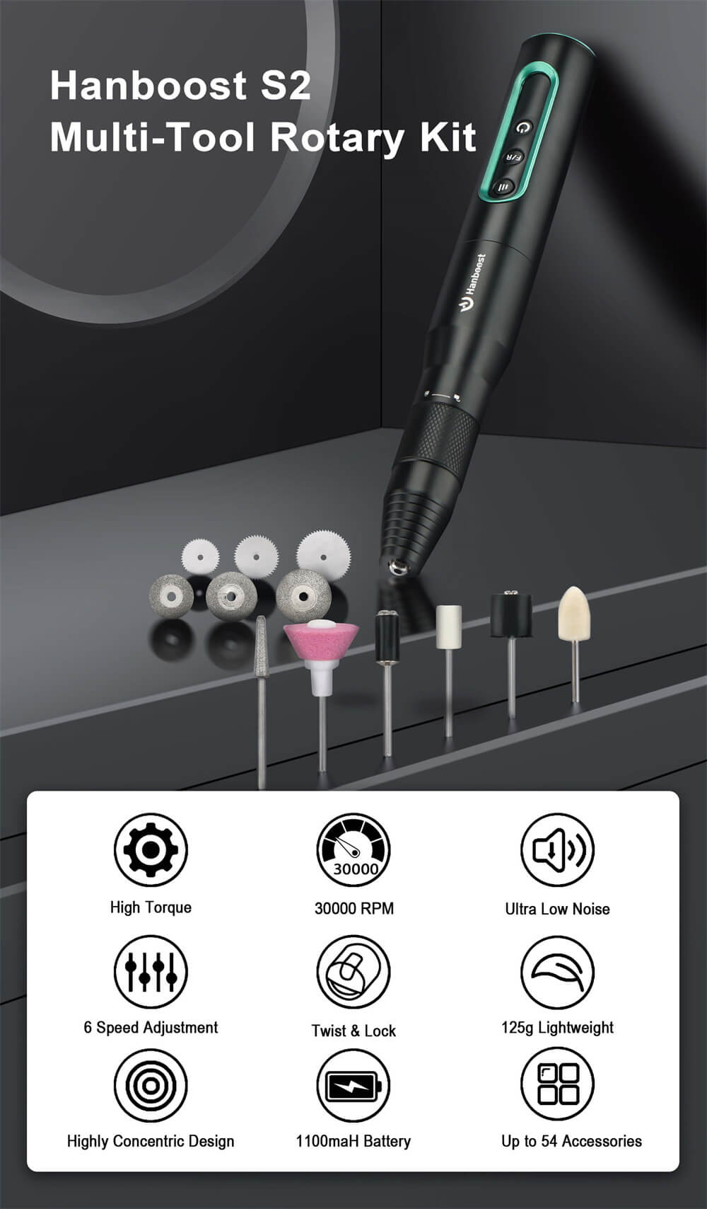 Hanboost S2 Electric Rotary Tool Kits with 54pcs Accessories, 6 Speed Adjustment, 30000RPM Motor, Low Noise, for Light DIY Projects and Precision Work