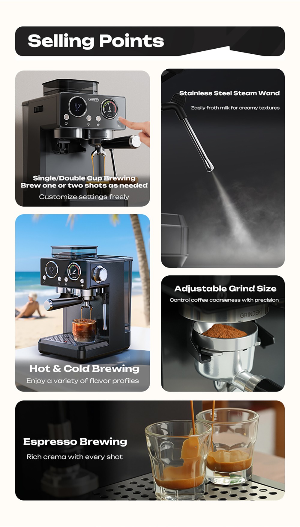 HiBREW H20 automata eszpresszógép beépített őrlővel, kettős meleg és hideg extrakcióval, 20 bar nyomással, 20 őrlési fokozattal, gőzölőfejjel latte készítéséhez, 1,4 literes víztartállyal, intelligens érintésvezérléssel