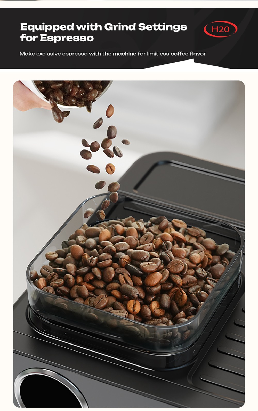 HiBREW H20 automata eszpresszógép beépített őrlővel, kettős meleg és hideg extrakcióval, 20 bar nyomással, 20 őrlési fokozattal, gőzölőfejjel latte készítéséhez, 1,4 literes víztartállyal, intelligens érintésvezérléssel