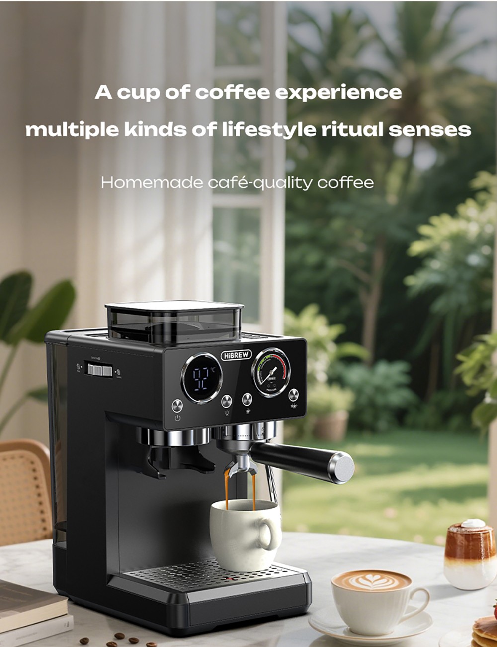 HiBREW H20 automata eszpresszógép beépített őrlővel, kettős meleg és hideg extrakcióval, 20 bar nyomással, 20 őrlési fokozattal, gőzölőfejjel latte készítéséhez, 1,4 literes víztartállyal, intelligens érintésvezérléssel