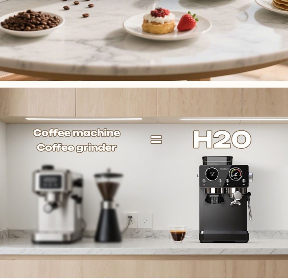 HiBREW H20 automata eszpresszógép beépített őrlővel, kettős meleg és hideg extrakcióval, 20 bar nyomással, 20 őrlési fokozattal, gőzölőfejjel latte készítéséhez, 1,4 literes víztartállyal, intelligens érintésvezérléssel
