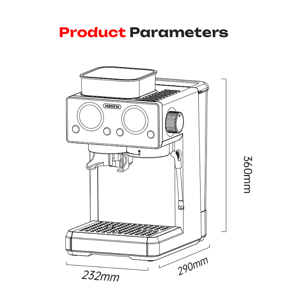 HiBREW H20 automata eszpresszógép beépített őrlővel, kettős meleg és hideg extrakcióval, 20 bar nyomással, 20 őrlési fokozattal, gőzölőfejjel latte készítéséhez, 1,4 literes víztartállyal, intelligens érintésvezérléssel