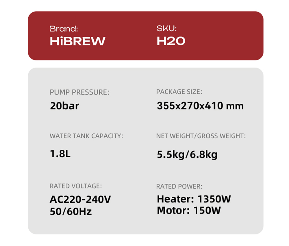 HiBREW H20 automata eszpresszógép beépített őrlővel, kettős meleg és hideg extrakcióval, 20 bar nyomással, 20 őrlési fokozattal, gőzölőfejjel latte készítéséhez, 1,4 literes víztartállyal, intelligens érintésvezérléssel
