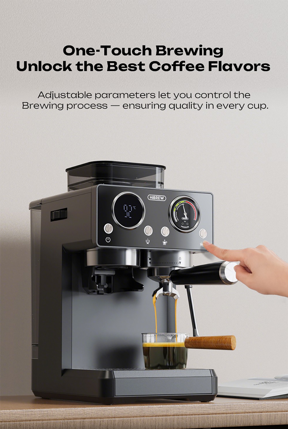 HiBREW H20 automata eszpresszógép beépített őrlővel, kettős meleg és hideg extrakcióval, 20 bar nyomással, 20 őrlési fokozattal, gőzölőfejjel latte készítéséhez, 1,4 literes víztartállyal, intelligens érintésvezérléssel