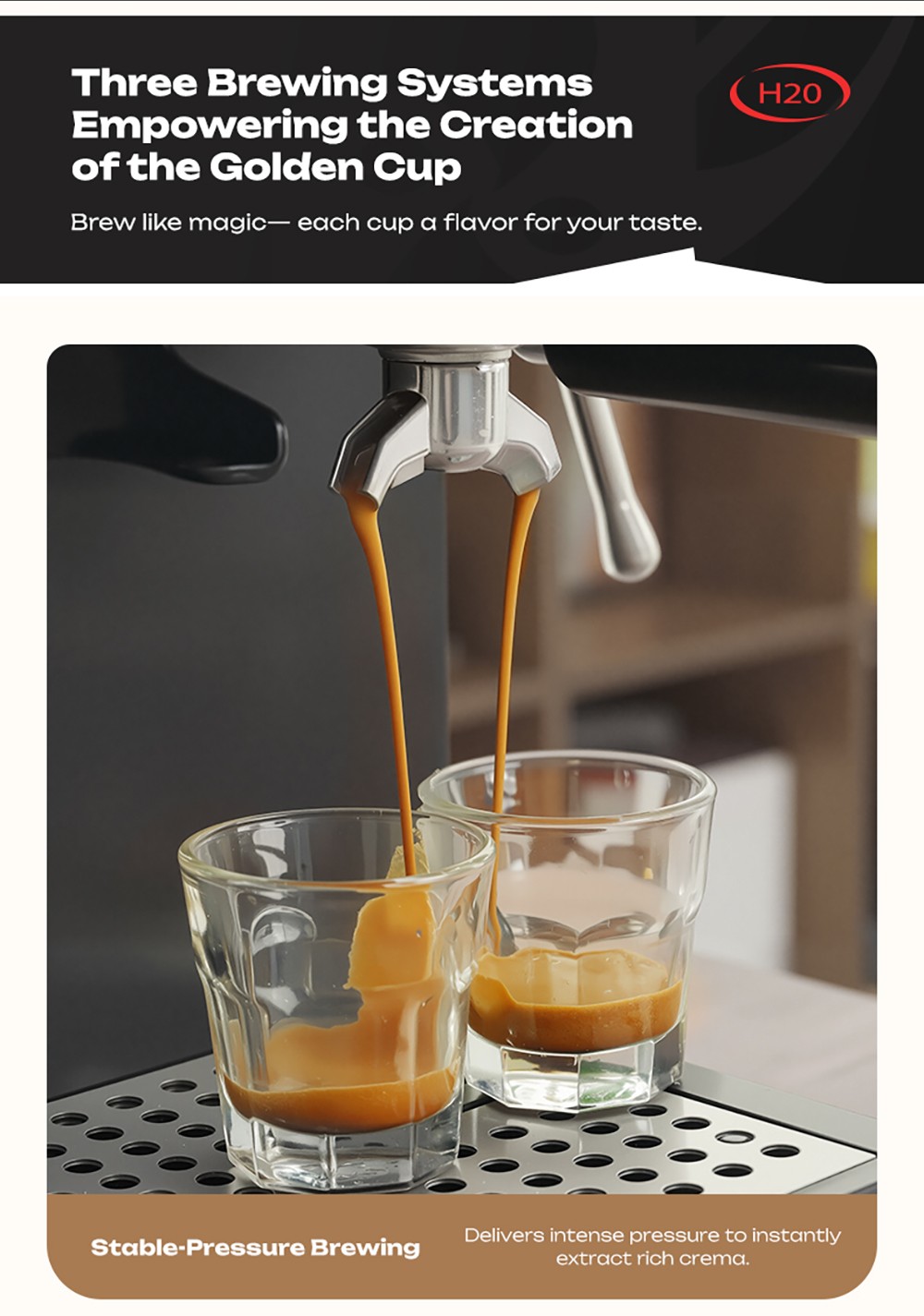 HiBREW H20 automata eszpresszógép beépített őrlővel, kettős meleg és hideg extrakcióval, 20 bar nyomással, 20 őrlési fokozattal, gőzölőfejjel latte készítéséhez, 1,4 literes víztartállyal, intelligens érintésvezérléssel