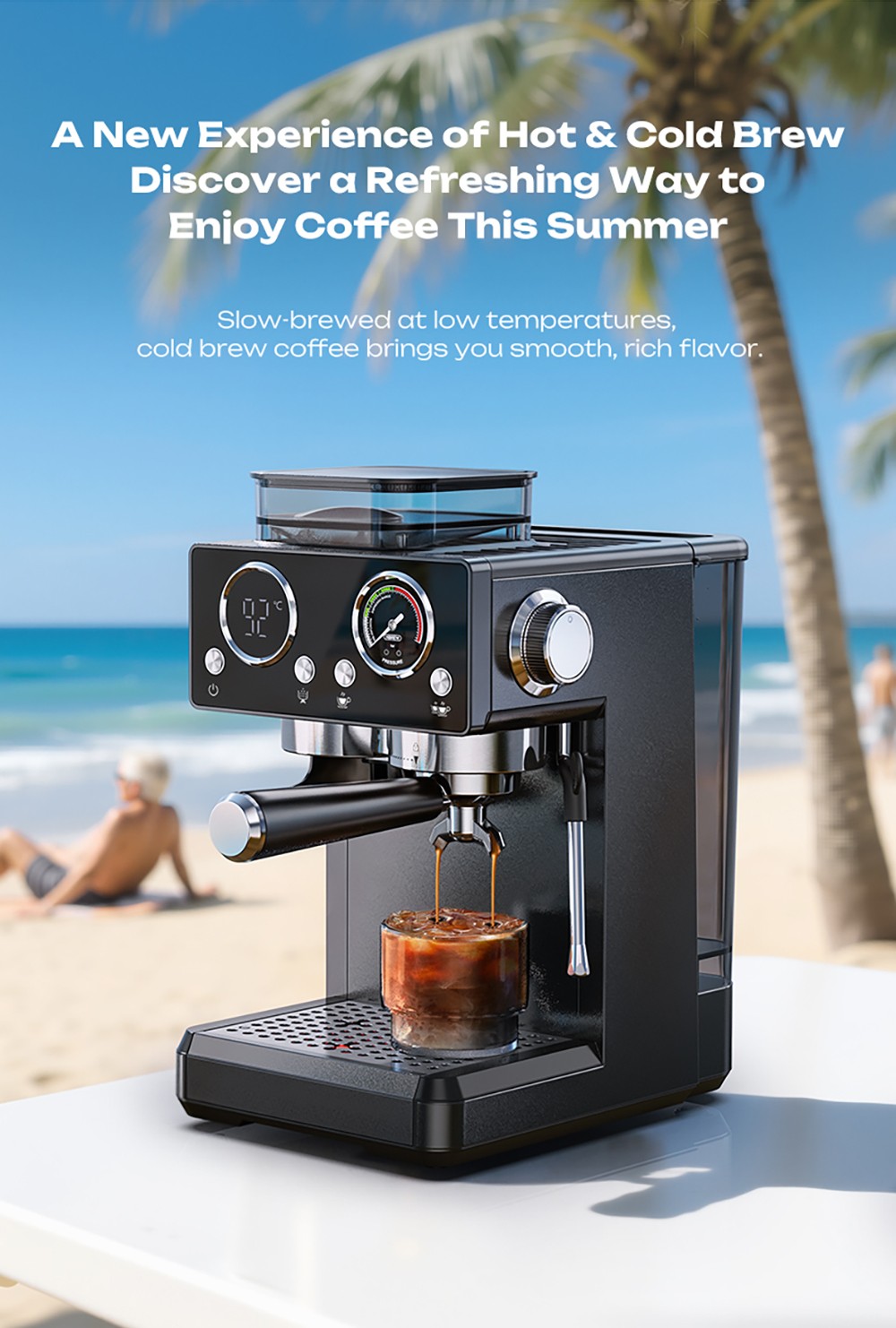 HiBREW H20 automata eszpresszógép beépített őrlővel, kettős meleg és hideg extrakcióval, 20 bar nyomással, 20 őrlési fokozattal, gőzölőfejjel latte készítéséhez, 1,4 literes víztartállyal, intelligens érintésvezérléssel