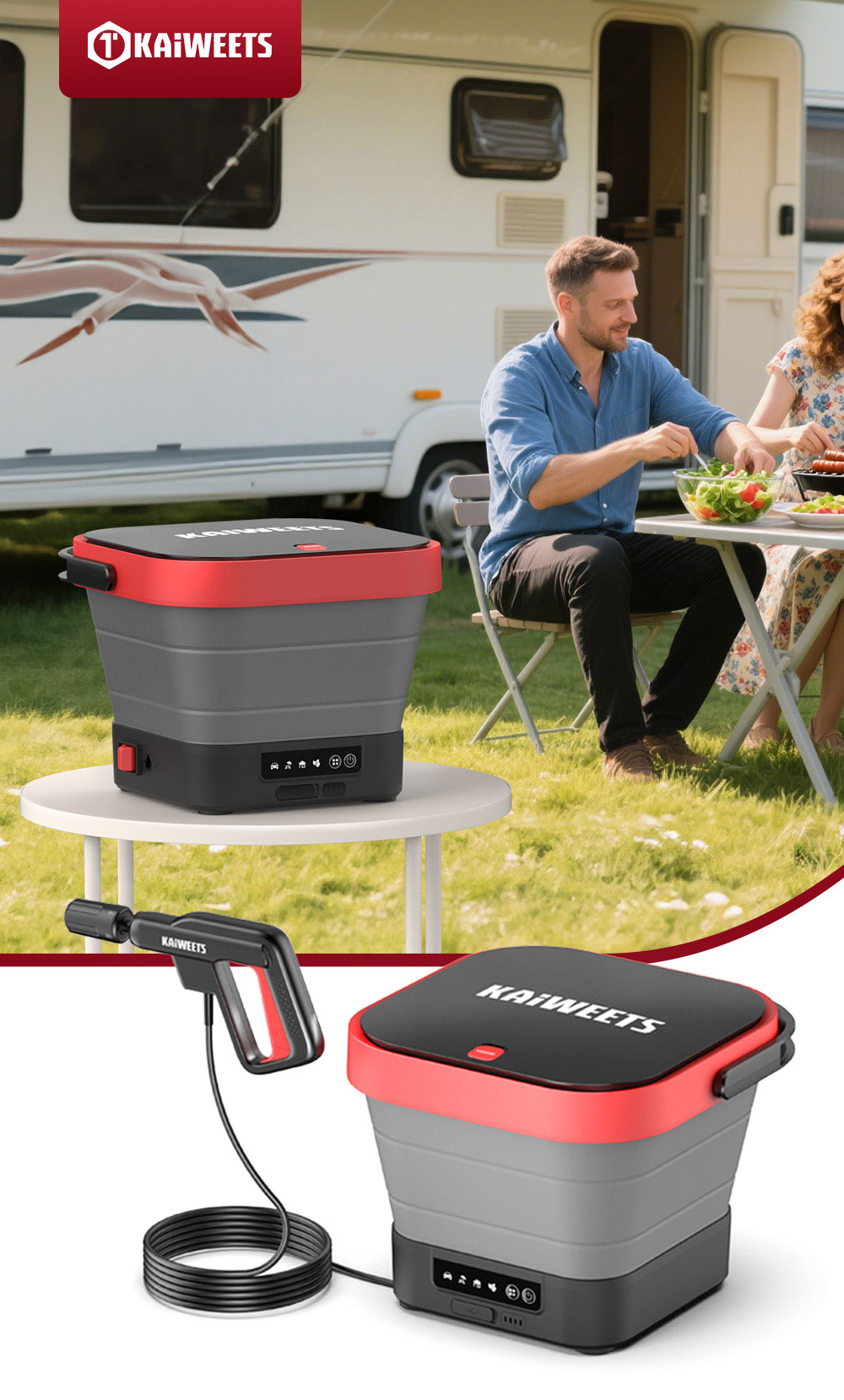 KAIWEETS KPW-F1 Portable Electric Pressure Washer, 12L Capacity, 5-in-1 Nozzle, Max 220PSI, Type-C Charging, 16.4FT Hose, for Camping/Patio/Bike/Pet Cleaning