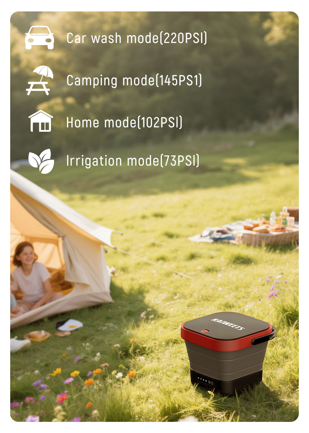 KAIWEETS KPW-F1 Portable Electric Pressure Washer, 12L Capacity, 5-in-1 Nozzle, Max 220PSI, Type-C Charging, 16.4FT Hose, for Camping/Patio/Bike/Pet Cleaning