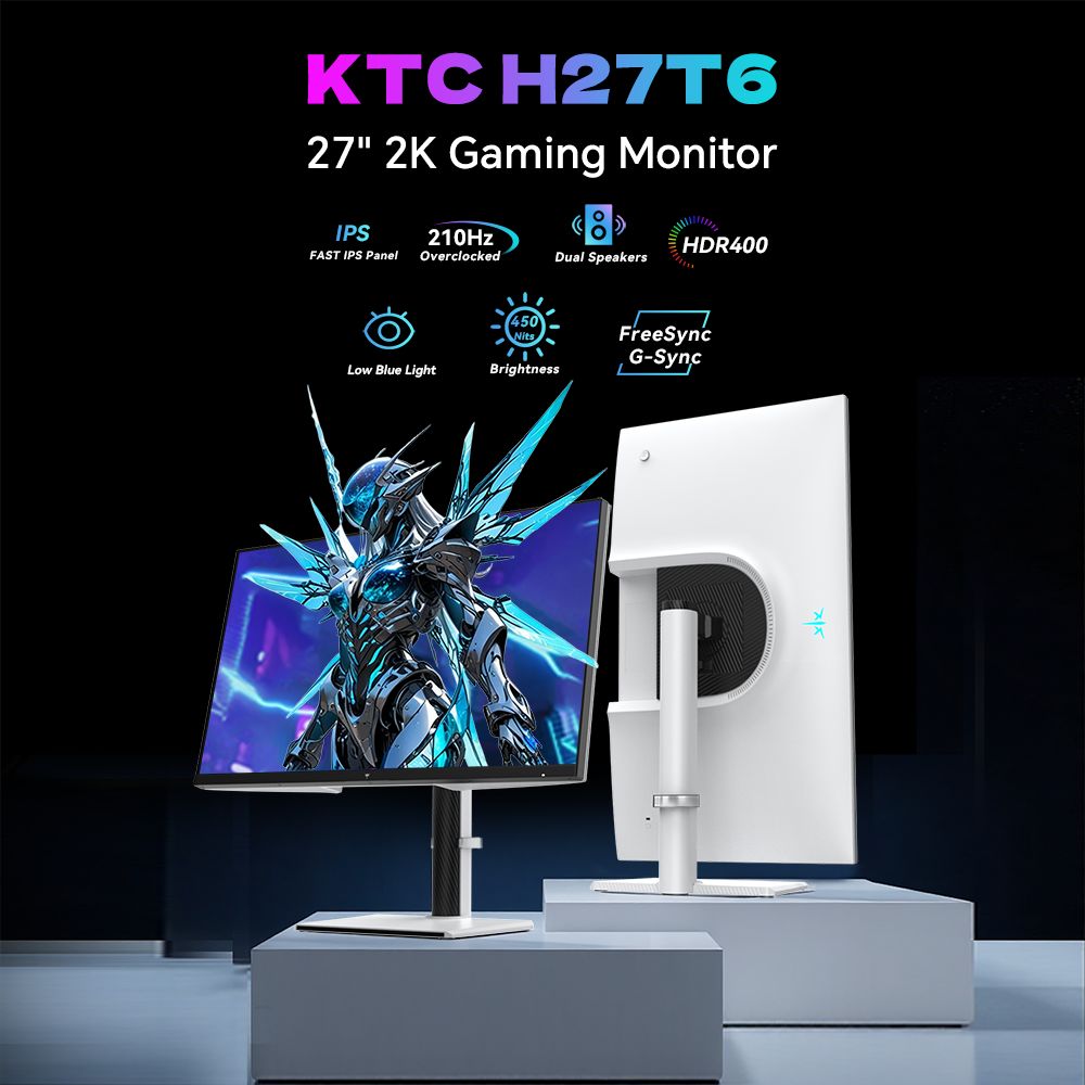 Moniteur de jeu KTC H27T6, écran IPS rapide 27 pouces 2560 x 1440, taux de rafraîchissement de 210 Hz, temps de réponse à gris 1 ms, HDR400, FreeSync et G-Sync, faible lumière bleue et sans scintillement, deux haut-parleurs 2 W intégrés, support flexible et support VESA 100 x 100 mm.