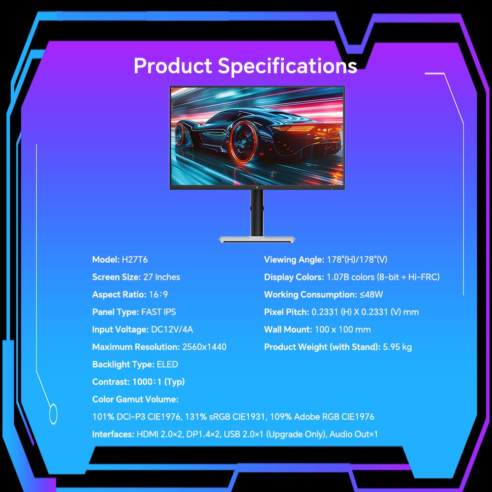 Moniteur de jeu KTC H27T6, écran IPS rapide 27 pouces 2560 x 1440, taux de rafraîchissement de 210 Hz, temps de réponse à gris 1 ms, HDR400, FreeSync et G-Sync, faible lumière bleue et sans scintillement, deux haut-parleurs 2 W intégrés, support flexible et support VESA 100 x 100 mm.