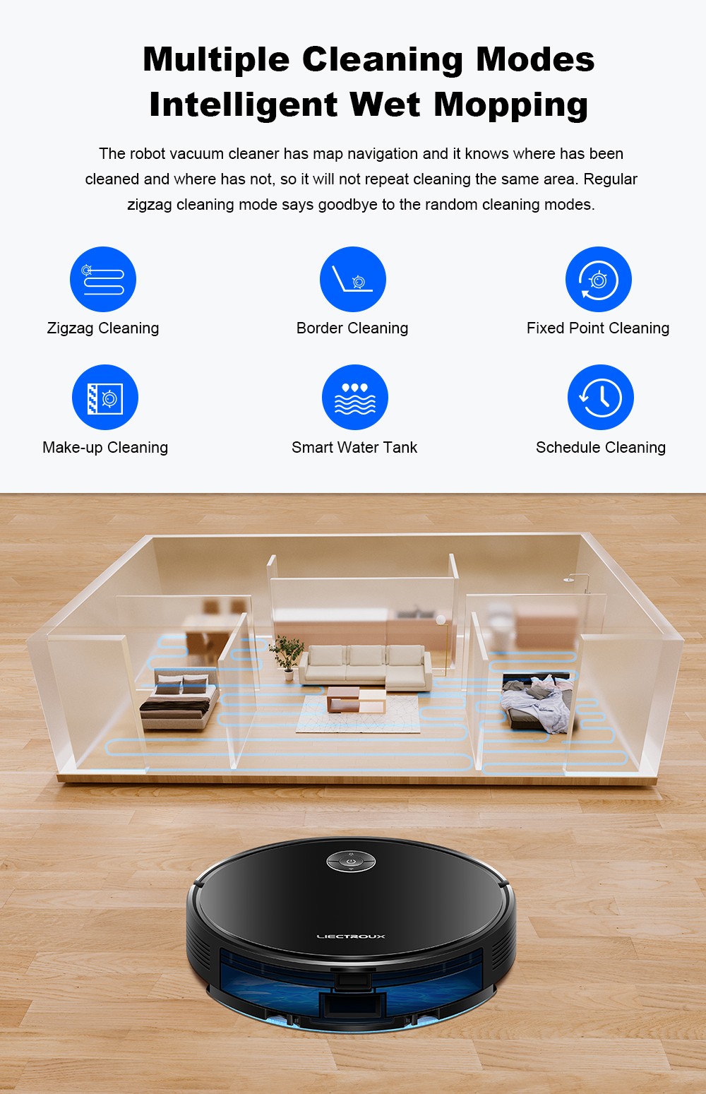 Liectroux C7 robotporszívó és felmosó kombináció, 6000Pa erős szívóerő, intelligens térképezés, WiFi alkalmazás és távirányító, szénkefe nélküli motor, Alexa és Google Asszisztens támogatással, ideális állatszőr/szőnyegek/kemény padlók tisztítására