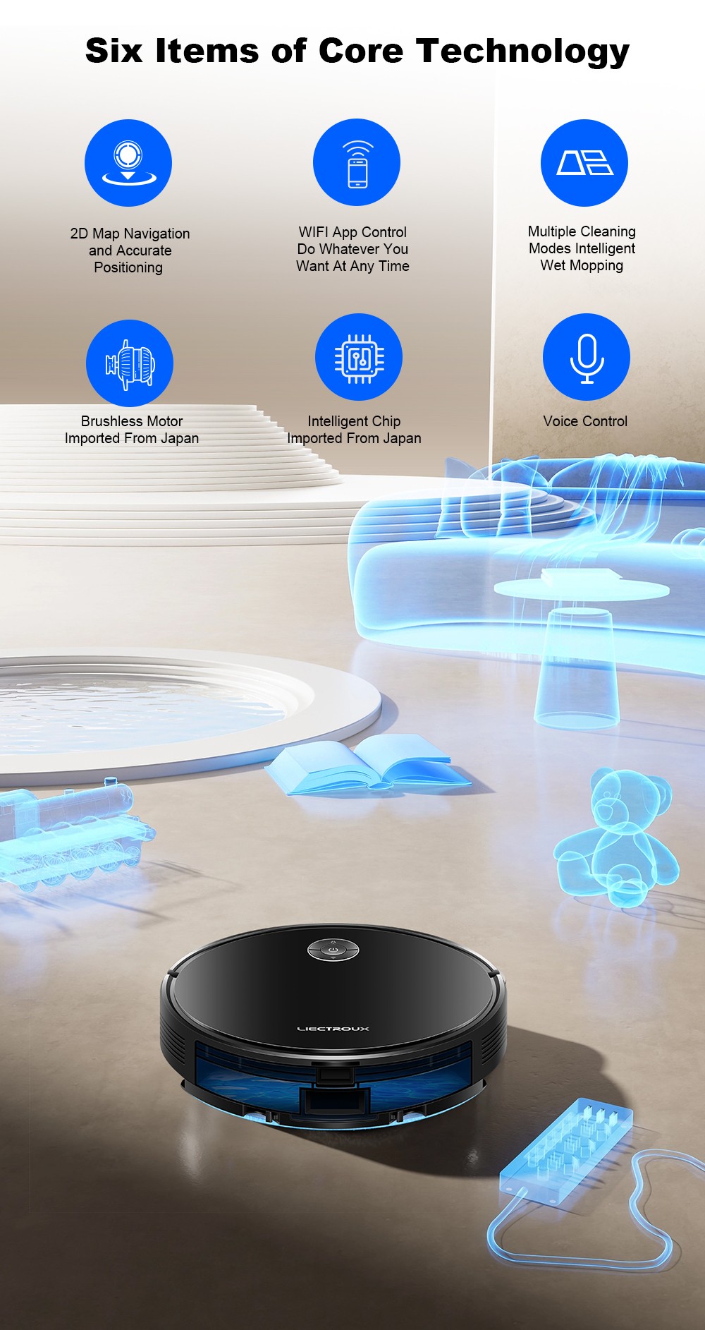 Liectroux C7 robotporszívó és felmosó kombináció, 6000Pa erős szívóerő, intelligens térképezés, WiFi alkalmazás és távirányító, szénkefe nélküli motor, Alexa és Google Asszisztens támogatással, ideális állatszőr/szőnyegek/kemény padlók tisztítására