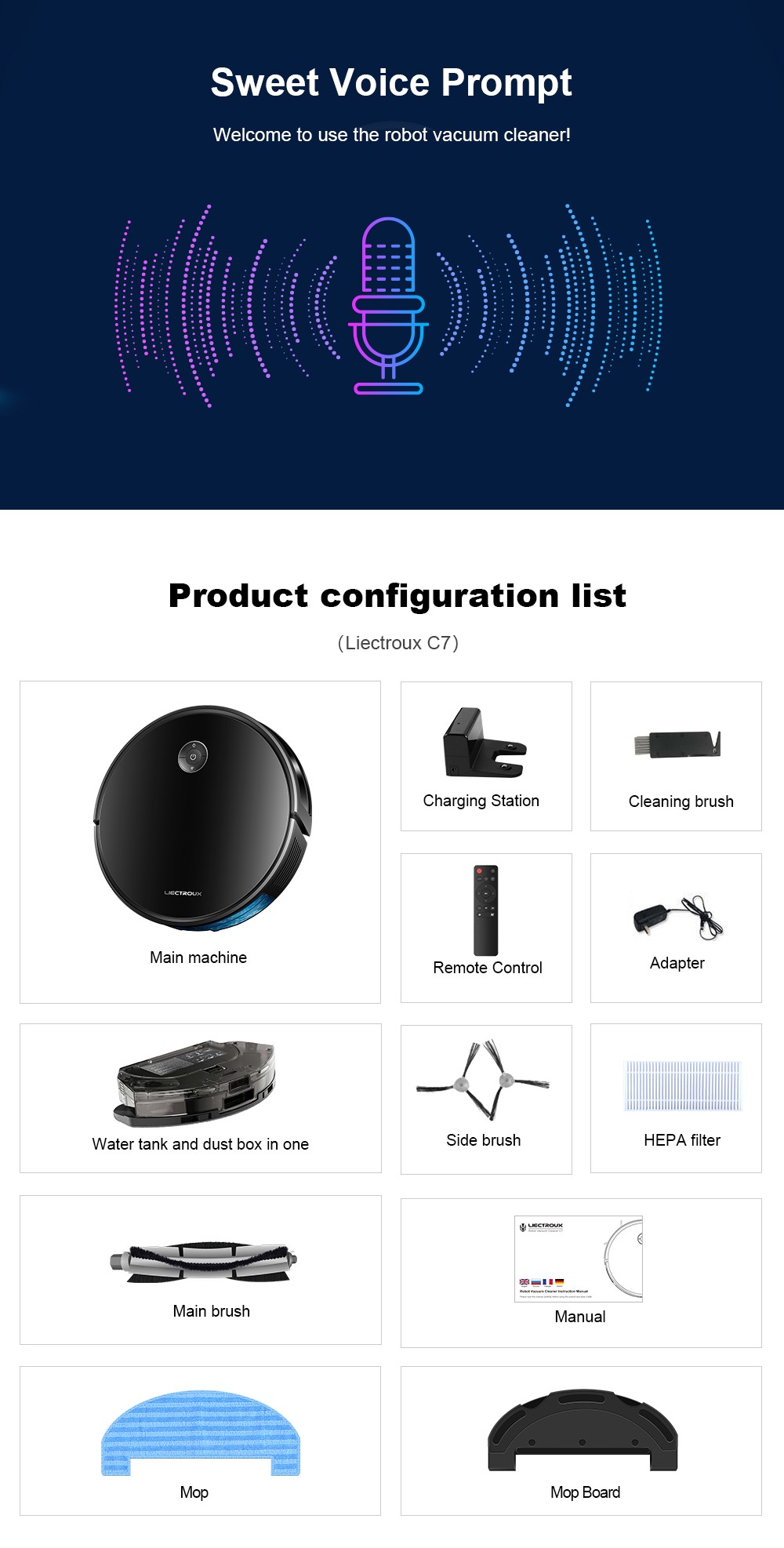Liectroux C7 robotporszívó és felmosó kombináció, 6000Pa erős szívóerő, intelligens térképezés, WiFi alkalmazás és távirányító, szénkefe nélküli motor, Alexa és Google Asszisztens támogatással, ideális állatszőr/szőnyegek/kemény padlók tisztítására