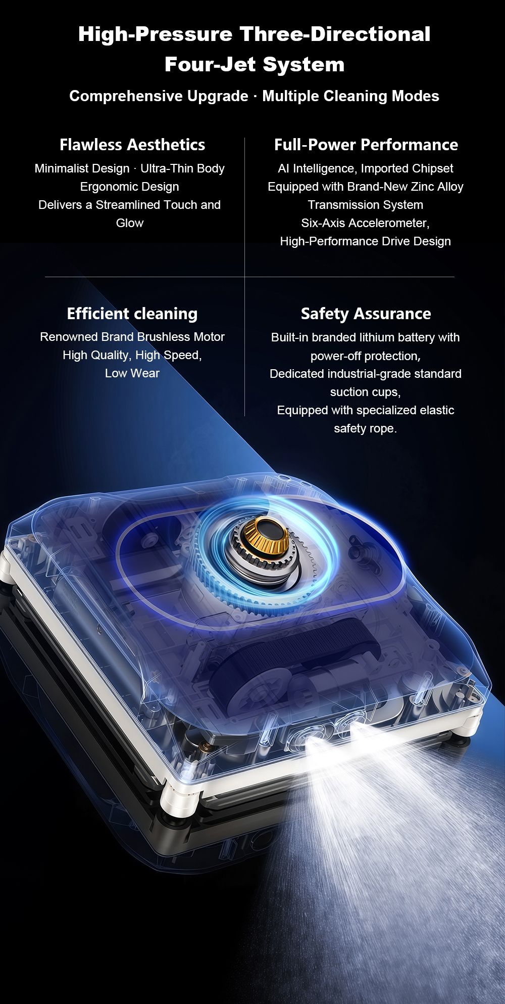 Liectroux S11 Robot nettoyeur de fenêtres, 8000Pa forte aspiration, pulvérisation d’eau auto 4 directions, navigation intelligente + modes de nettoyage multiples, système de sécurité multiple (batterie de secours + corde)