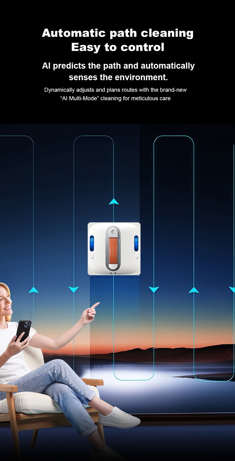 Liectroux S11 Robot nettoyeur de fenêtres, 8000Pa forte aspiration, pulvérisation d’eau auto 4 directions, navigation intelligente + modes de nettoyage multiples, système de sécurité multiple (batterie de secours + corde)