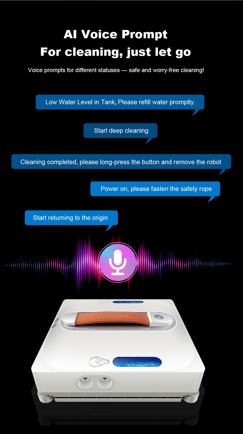Liectroux S11 Robot nettoyeur de fenêtres, 8000Pa forte aspiration, pulvérisation d’eau auto 4 directions, navigation intelligente + modes de nettoyage multiples, système de sécurité multiple (batterie de secours + corde)