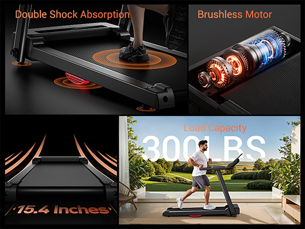 ROBORE P8 Foldable Treadmill 14KM/H, 12 Built-in Programs, with Heart Rate Sensor, Dual Cushion System, 136kg Weight Capacity