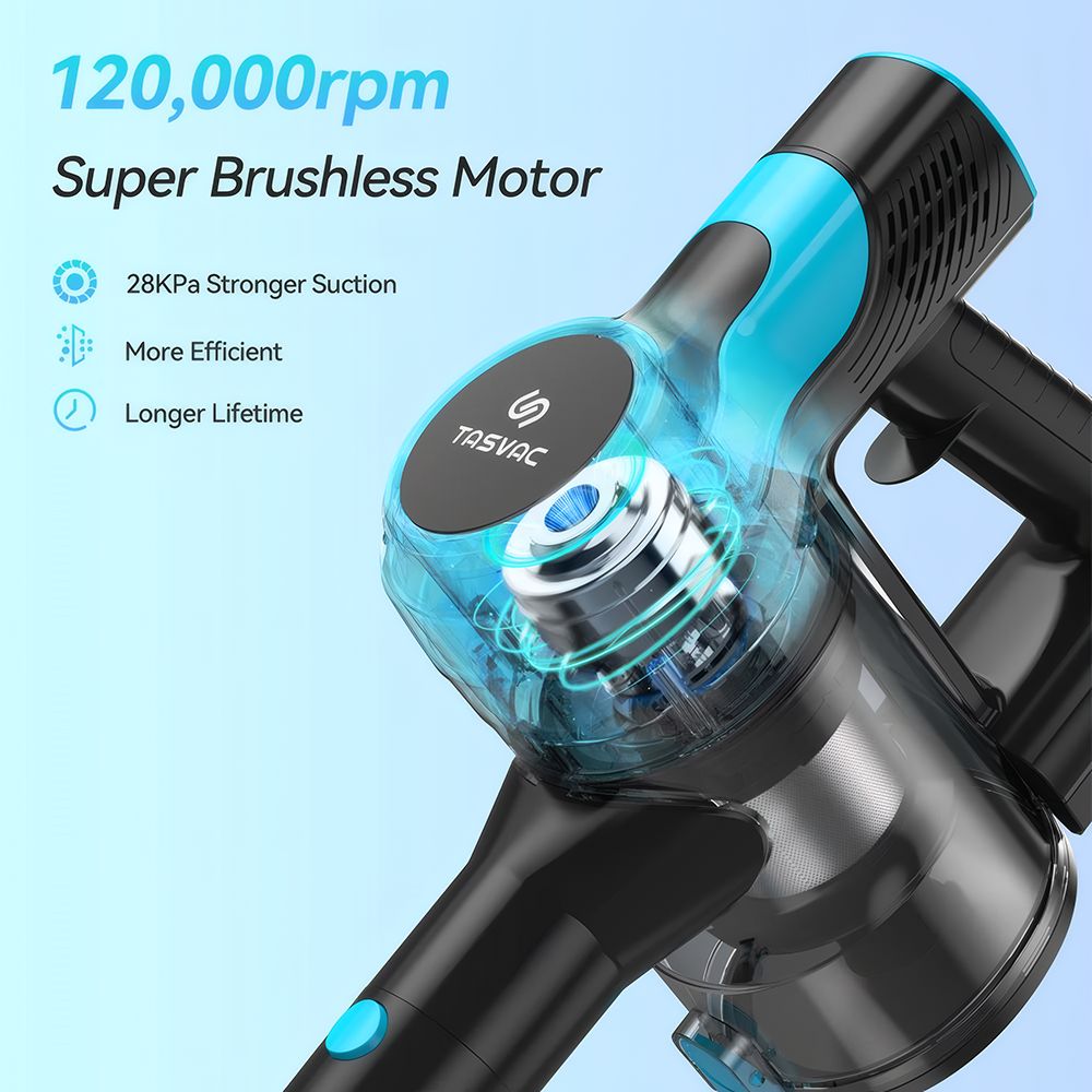 Aspirateur balai sans fil TASVAC V600, aspiration puissante de 28 kPa, moteur sans balais de 120 000 tr/min, brosse de sol à LED, autonomie de 45 minutes et filtre HEPA lavable.