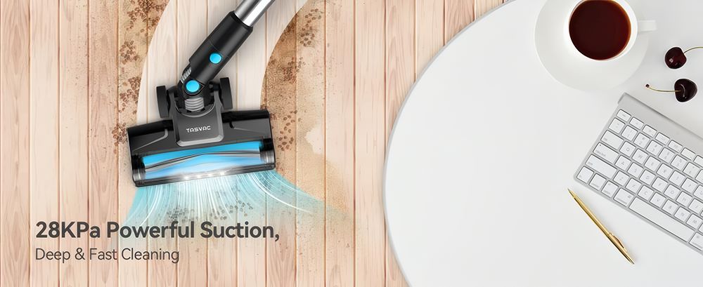Aspirateur balai sans fil TASVAC V600, aspiration puissante de 28 kPa, moteur sans balais de 120 000 tr/min, brosse de sol à LED, autonomie de 45 minutes et filtre HEPA lavable.