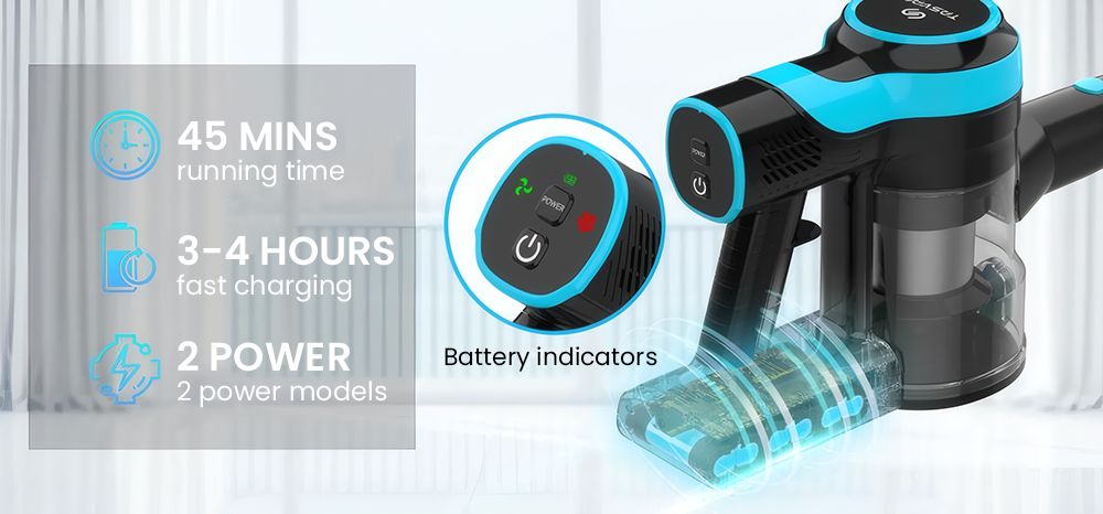 Aspirateur balai sans fil TASVAC V600, aspiration puissante de 28 kPa, moteur sans balais de 120 000 tr/min, brosse de sol à LED, autonomie de 45 minutes et filtre HEPA lavable.