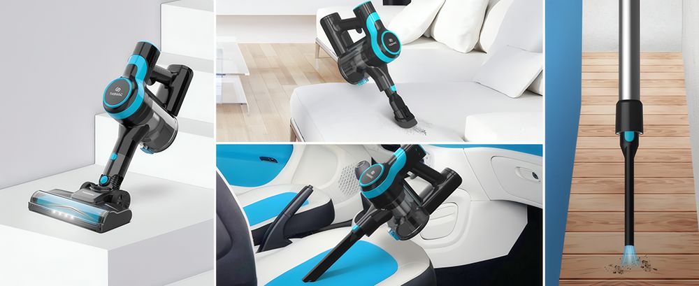 Aspirateur balai sans fil TASVAC V600, aspiration puissante de 28 kPa, moteur sans balais de 120 000 tr/min, brosse de sol à LED, autonomie de 45 minutes et filtre HEPA lavable.