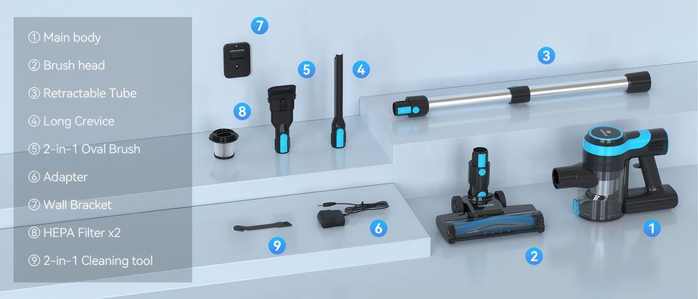 Aspirateur balai sans fil TASVAC V600, aspiration puissante de 28 kPa, moteur sans balais de 120 000 tr/min, brosse de sol à LED, autonomie de 45 minutes et filtre HEPA lavable.