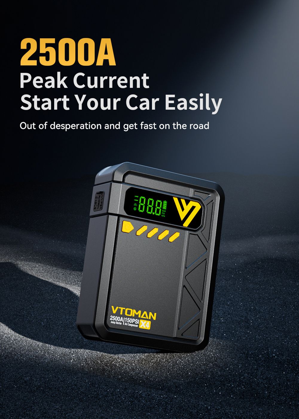 VTOMAN X4 2500A 12V Car Jump Starter, 10000mAh Power Bank, 150PSI Air Compressor, LED Flashlight, For 8.5L Gas and 6L Diesel Engines/Cars/Trucks/Motorcycles