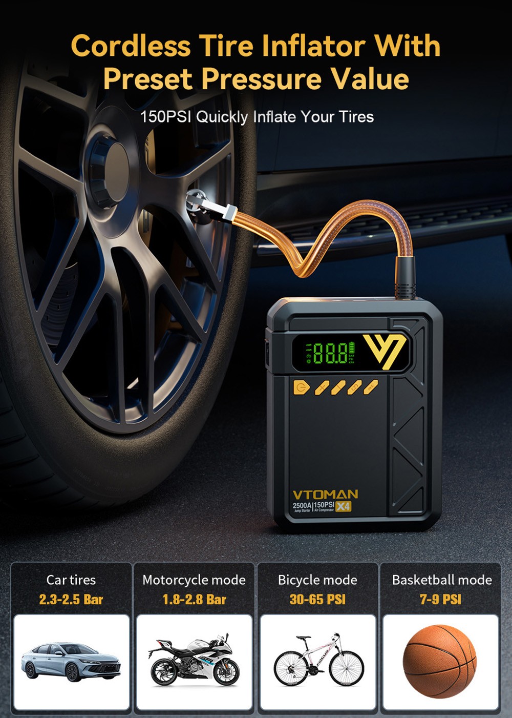 VTOMAN X4 2500A 12V Car Jump Starter, 10000mAh Power Bank, 150PSI Air Compressor, LED Flashlight, For 8.5L Gas and 6L Diesel Engines/Cars/Trucks/Motorcycles