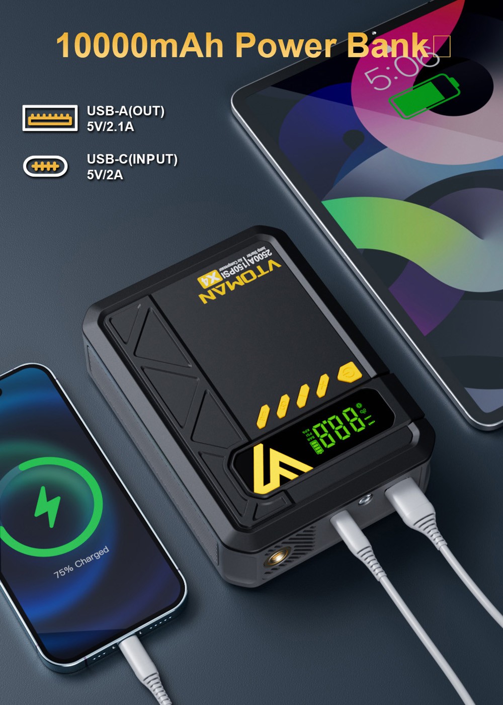 VTOMAN X4 2500A 12V Car Jump Starter, 10000mAh Power Bank, 150PSI Air Compressor, LED Flashlight, For 8.5L Gas and 6L Diesel Engines/Cars/Trucks/Motorcycles