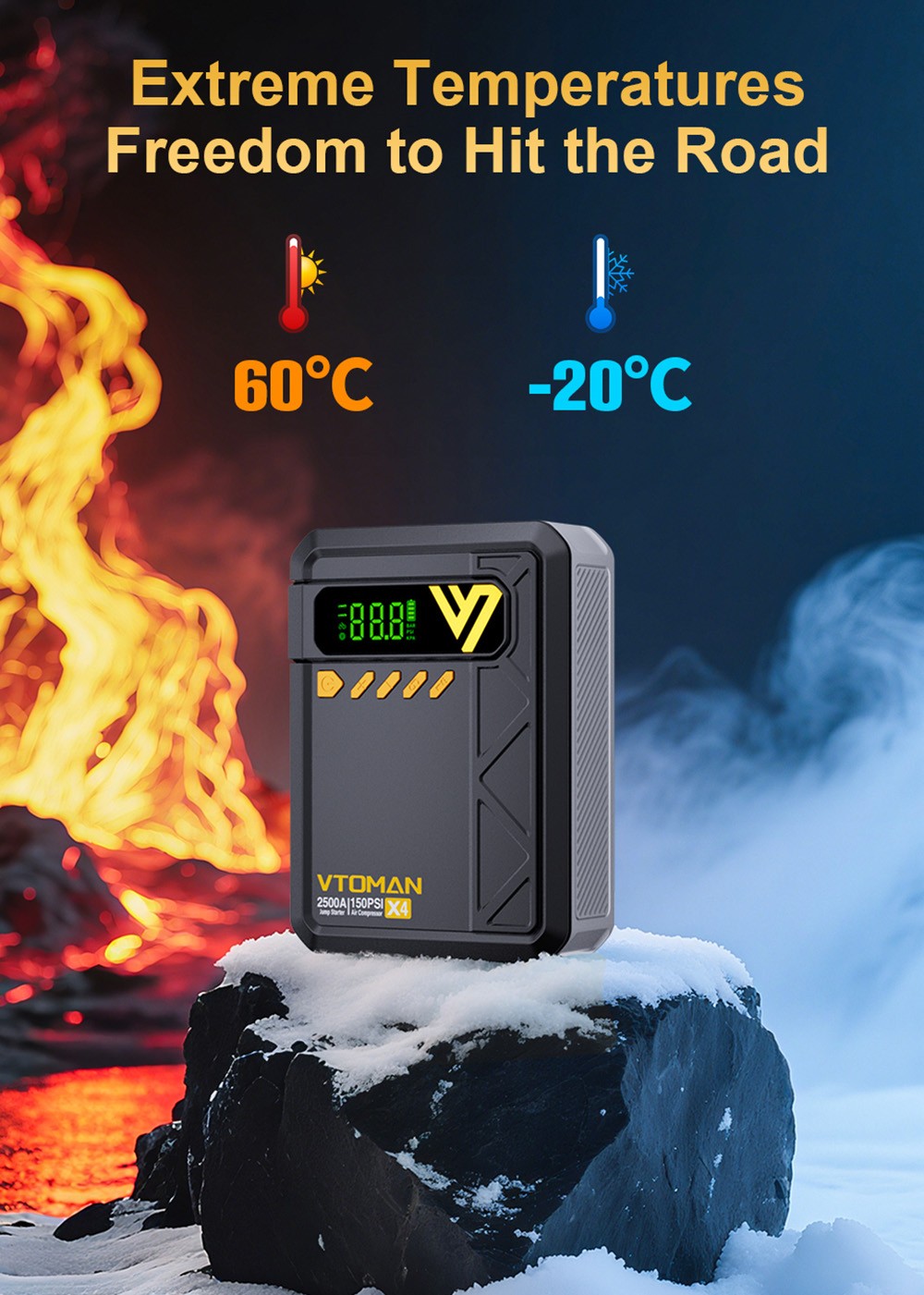 VTOMAN X4 2500A 12V Car Jump Starter, 10000mAh Power Bank, 150PSI Air Compressor, LED Flashlight, For 8.5L Gas and 6L Diesel Engines/Cars/Trucks/Motorcycles